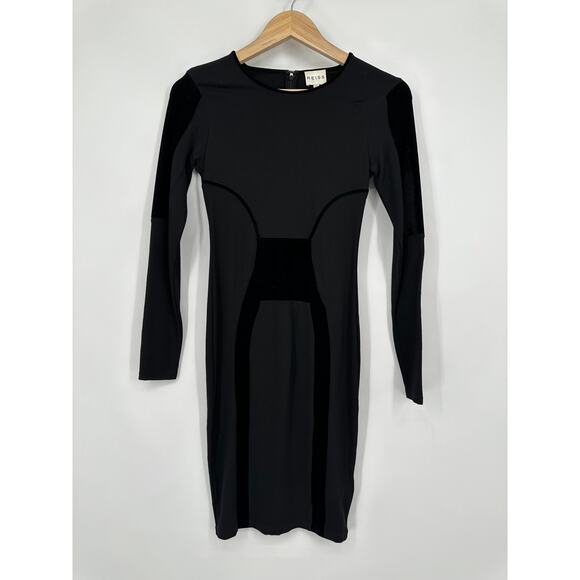REISS Tigre Mini Dress Velvet Trim Crew Neck Long Sleeve Fitted, Black - Picture 3 of 12